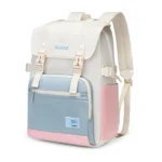 Beige Colour Block Laptop Backpack Flap Buckle School Travel Bag Women Teens (6)