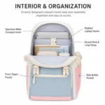 Beige Colour Block Laptop Backpack Flap Buckle School Travel Bag Women Teens (6)