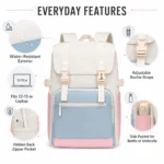 Beige Colour Block Laptop Backpack Flap Buckle School Travel Bag Women Teens (6)
