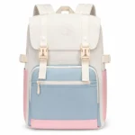 Beige Colour Block Laptop Backpack Flap Buckle School Travel Bag Women Teens