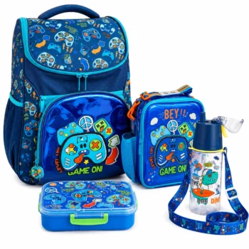 4-Piece Gamer School Backpack Set for Boys with Lunch Bag Bottle and Lunch Box