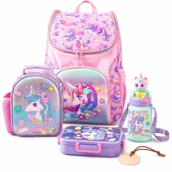 4-Piece Unicorn Backpack Set for Girls School Bag Lunch Box Bottle and Lunch Bag
