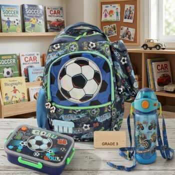 Boys Soccer School Backpack Set with Lunch Box and Sports Water Bottle