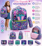 Cupcake Cartoon Backpack for Girls with Matching Pencil Case School Travel Bag (5)