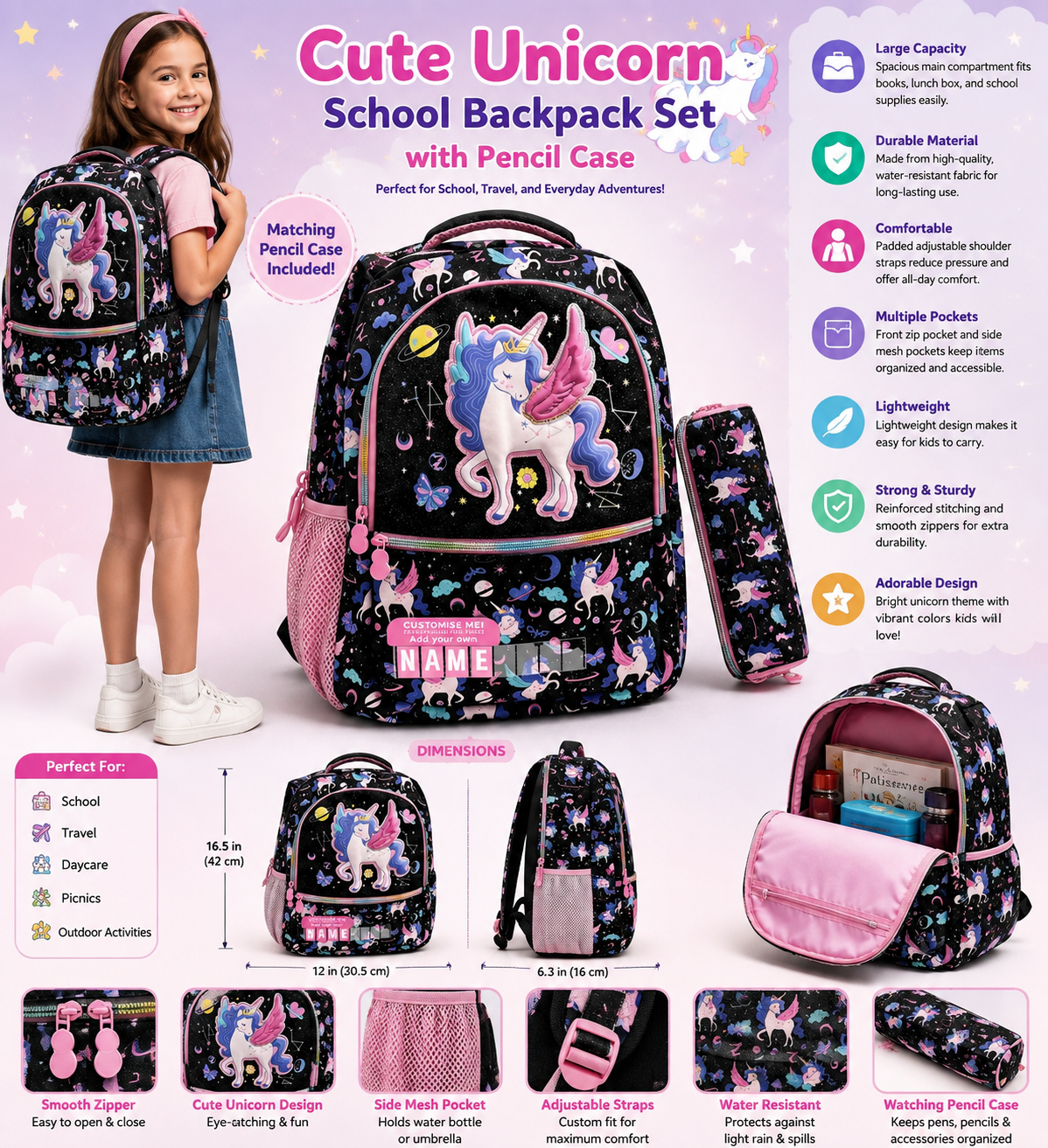 Cupcake Cartoon Backpack for Girls with Matching Pencil Case School Travel Bag (3)