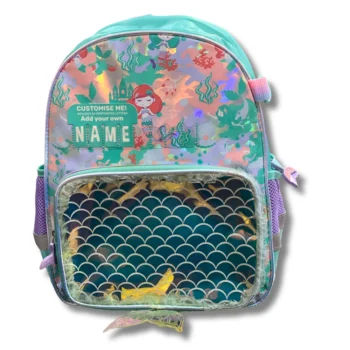 Mermaid Kids Backpack with Clear Front Pocket & Personalized Name Tag School Bag