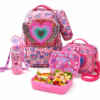 Girls Pink Heart School Backpack Set with Lunch Bag, Bottle & Lunch Box