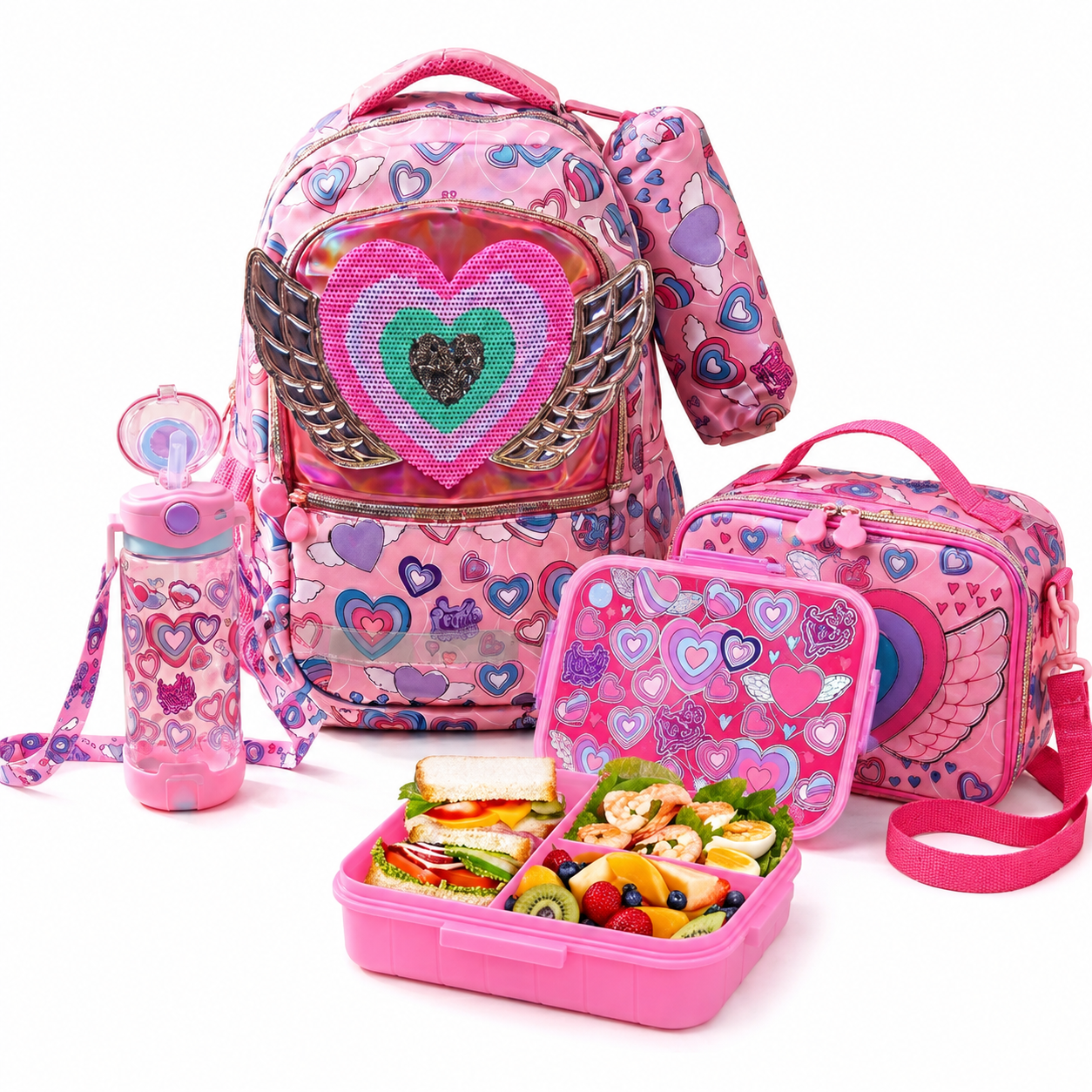 Girls Pink Heart School Backpack Set with Lunch Bag, Bottle & Lunch Box (1)