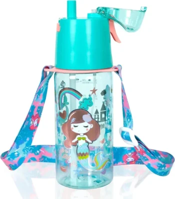 Kids Mermaid Water Bottle with Straw & Carry Strap BPA Free Leakproof School Sports Bottle