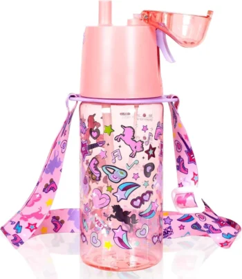 BPA-Free Kids Unicorn Straw Water Bottle with Carry Strap | Leakproof Travel Sports Bottle
