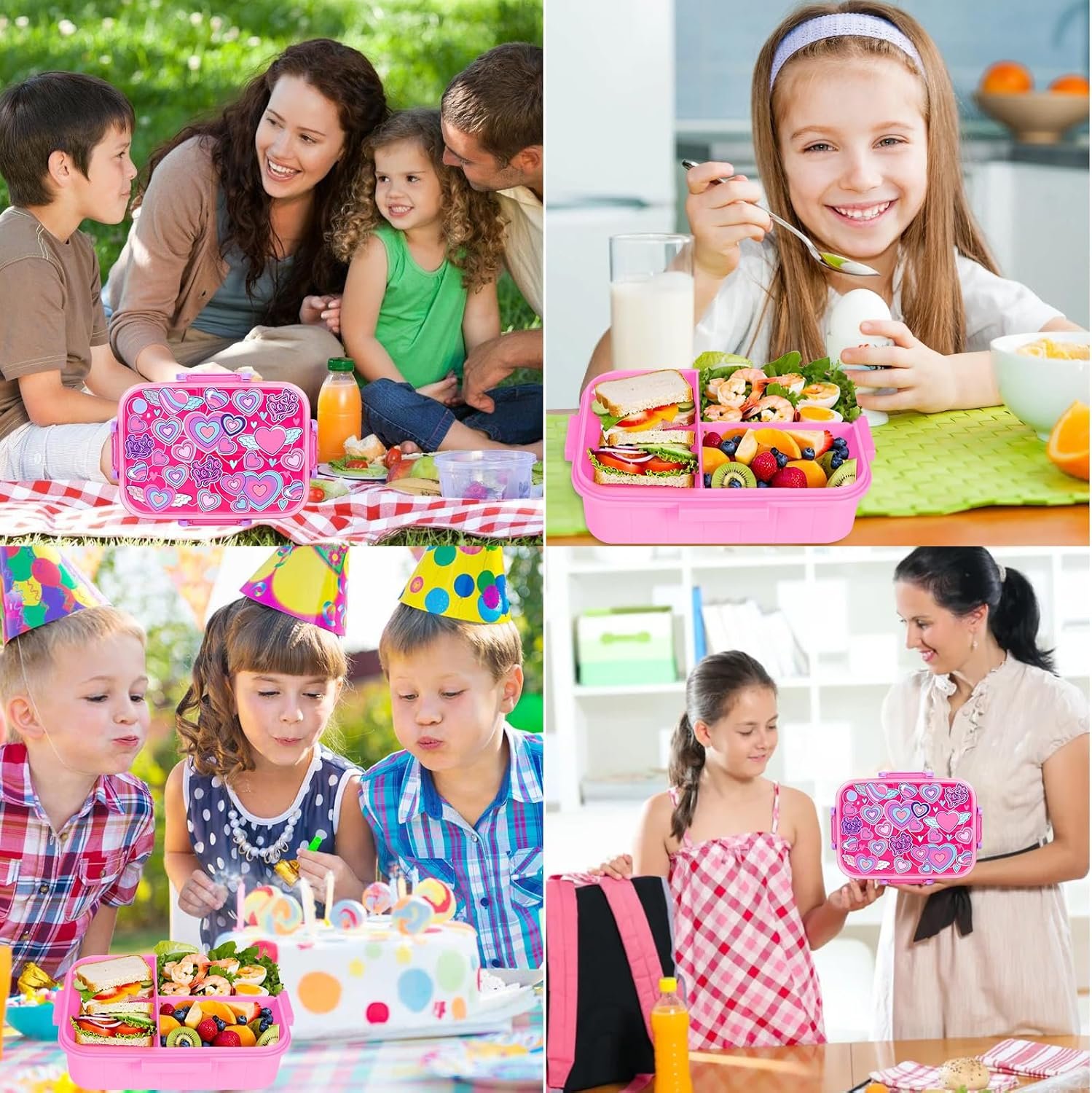 Kids Pink Heart Bento Lunch Box with 3 Compartments Leakproof Food Storage Container (1)