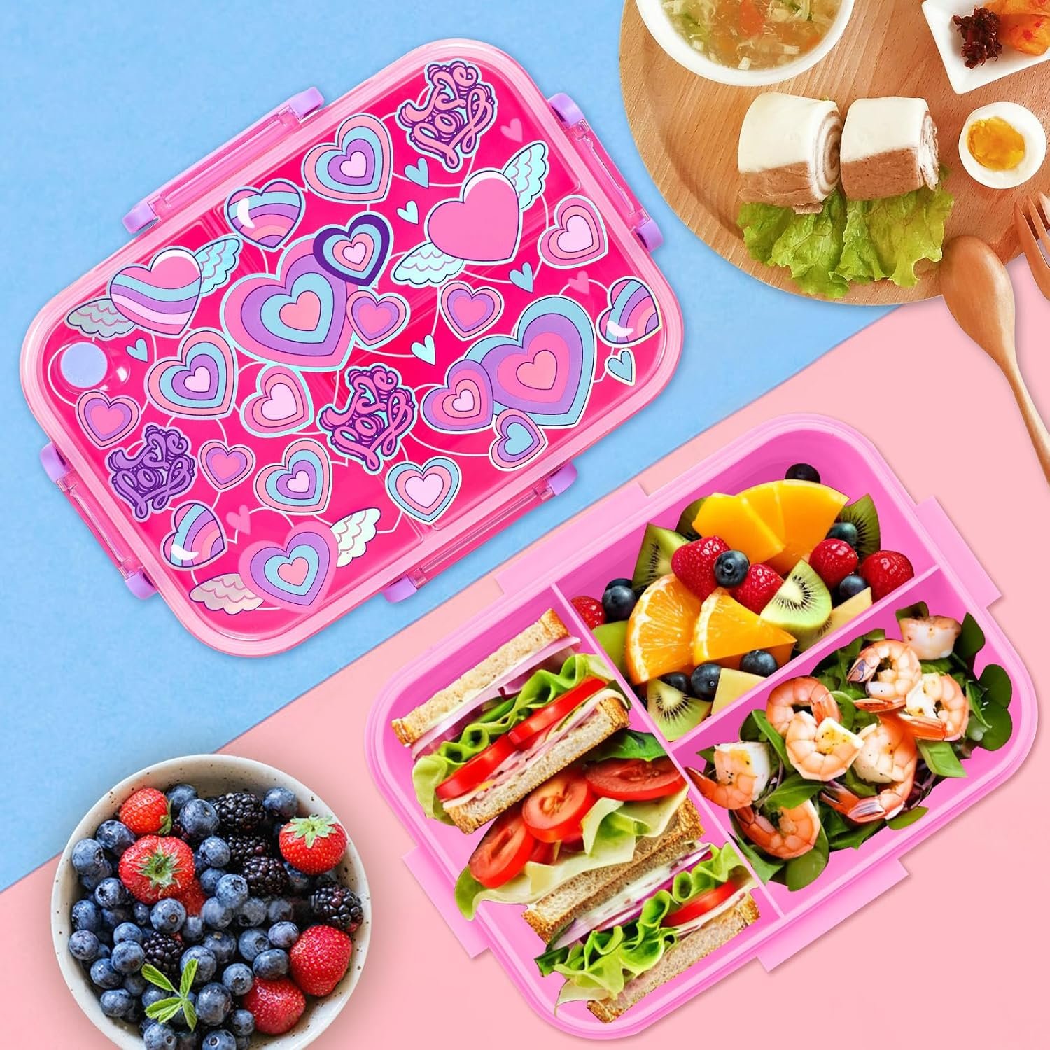 Kids Pink Heart Bento Lunch Box with 3 Compartments Leakproof Food Storage Container (2)