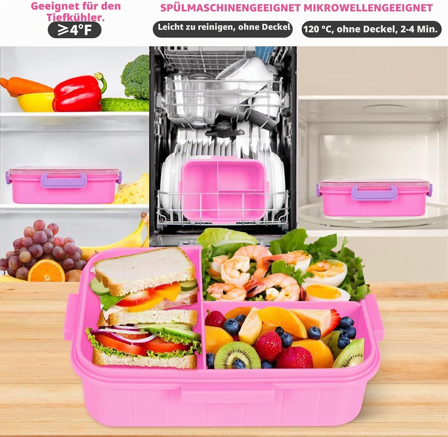 Kids Pink Heart Bento Lunch Box with 3 Compartments Leakproof Food Storage Container (3)