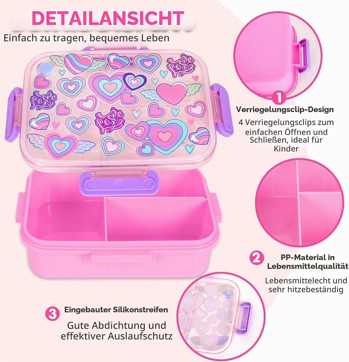 Kids Pink Heart Bento Lunch Box with 3 Compartments Leakproof Food Storage Container (4)