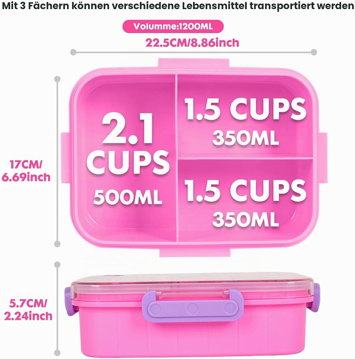 Kids Pink Heart Bento Lunch Box with 3 Compartments Leakproof Food Storage Container (5)