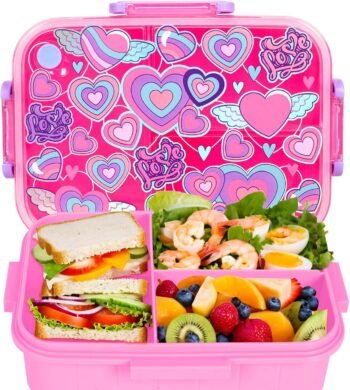 Kids Pink Heart Bento Lunch Box with 3 Compartments Leakproof Food Storage Container