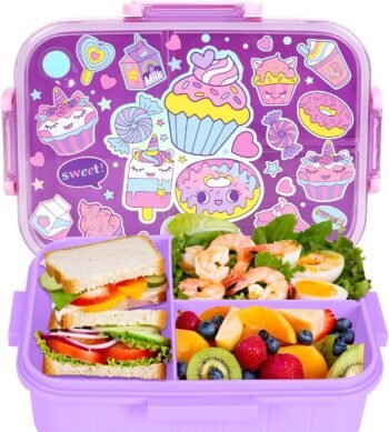 Kids Purple Dessert Bento Lunch Box with 3 Compartments Leakproof Food Storage Container