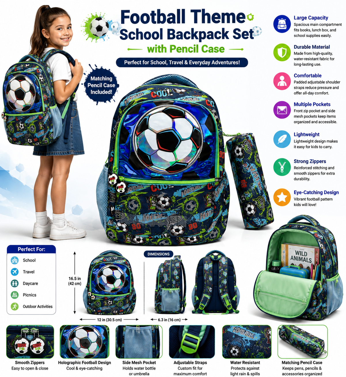 Kids Soccer Backpack with Pencil Case – Lightweight School Bag for Boys