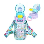 Kids Unicorn Water Bottle with Straw Leakproof BPA Free School Sports Bottle with Carry Strap