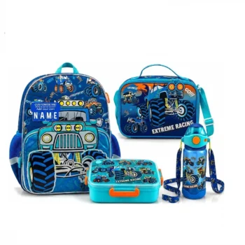 Racing Car Backpack Combo for Boys with Lunch Bag and Drinking Bottle