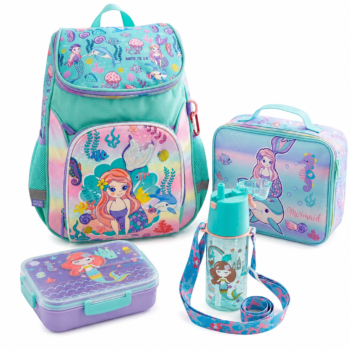 4-Piece Mermaid Backpack Set for Girls with Lunch Bag Bottle and Bento Food Box